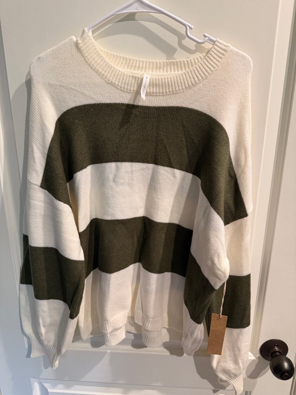 NWT Dreamers Striped Olive and Cream Relaxed Knit Sweater